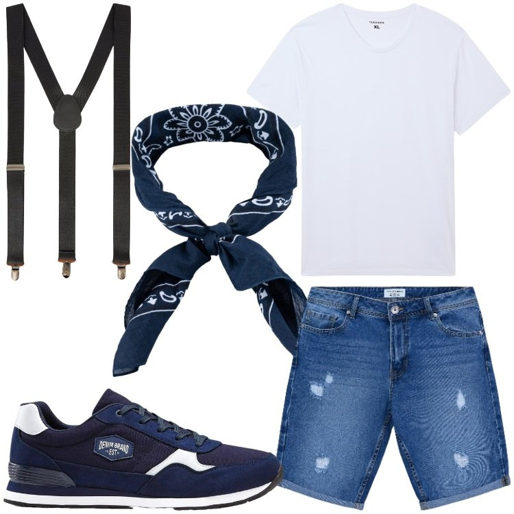Outfit uomo - Hipster. Stile Casual per Tutti i giorni. Abbinamento con sneakers, t-shirt, bermuda, bretelle, sciarpe e foulard.