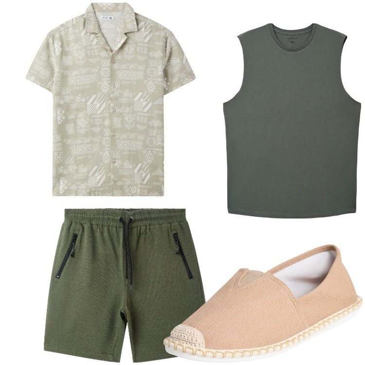Outfit uomo - verde e sabbia. Stile Casual per Tutti i giorni. Abbinamento con espadrillas, canottiere, camicie a manica corta, bermuda.