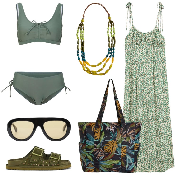 Outfit donna - Variazioni sul verde. Stile Trendy per Mare. Abbinamento con vestiti, bikini, occhiali da sole, shopping bag, sandali, collane.