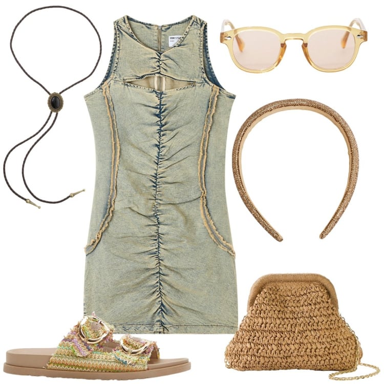 Outfit donna - Passeggiata al mare. Stile Casual per Tutti i giorni. Abbinamento con borse a tracolla, ciabatte, vestiti senza maniche, cerchietti, occhiali da sole, collane.
