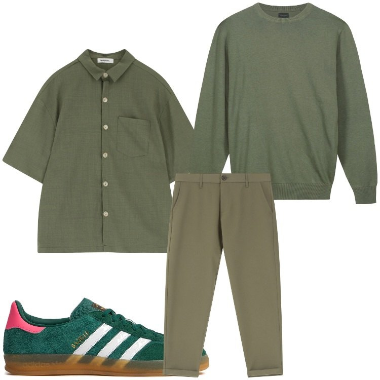 Outfit uomo - Gita a San Candido. Stile Casual per Tutti i giorni. Abbinamento con pantaloni chino, camicie a manica corta, sneakers, maglieria.