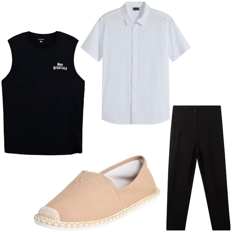 Outfit uomo - Comodo. Stile Casual per Tutti i giorni. Abbinamento con camicie a manica corta, espadrillas, pantaloni chino, canottiere.
