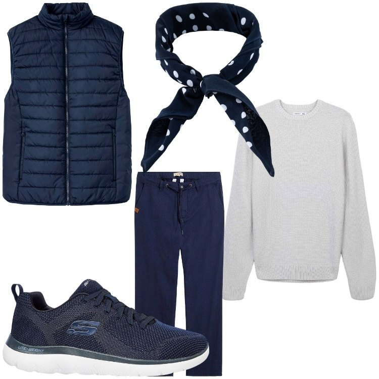 Outfit uomo - In montagna. Stile Casual per Tutti i giorni. Abbinamento con gilet, pantaloni chino, sneakers, maglieria, sciarpe e foulard.