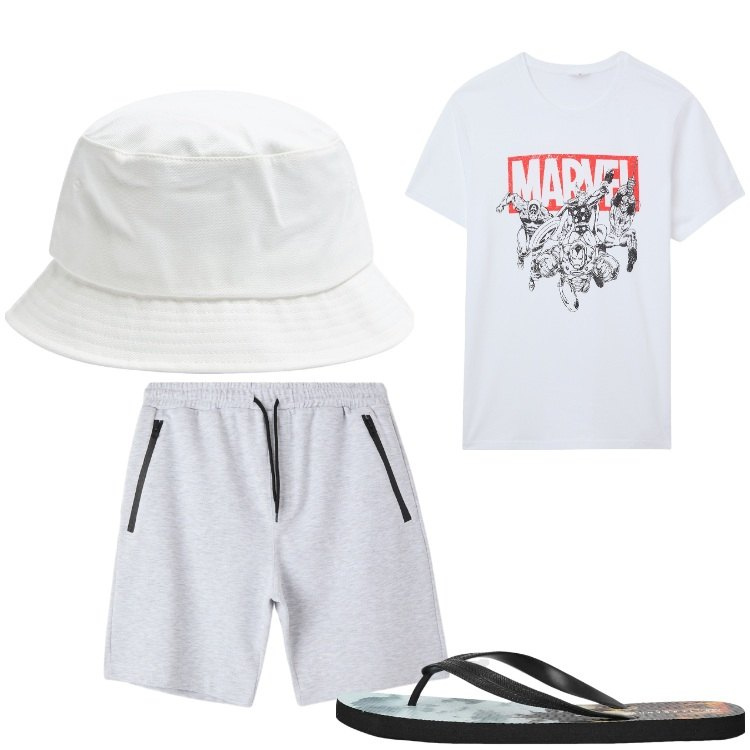 Outfit uomo - Super eroe. Stile Casual per Tutti i giorni. Abbinamento con t-shirt, sandali, cappelli, bermuda.