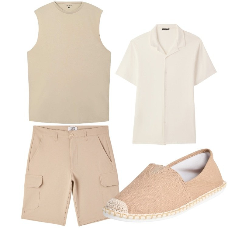 Outfit uomo - Un solo colore. Stile Casual per Tutti i giorni. Abbinamento con espadrillas, canottiere, camicie a manica corta, pantaloni corti.