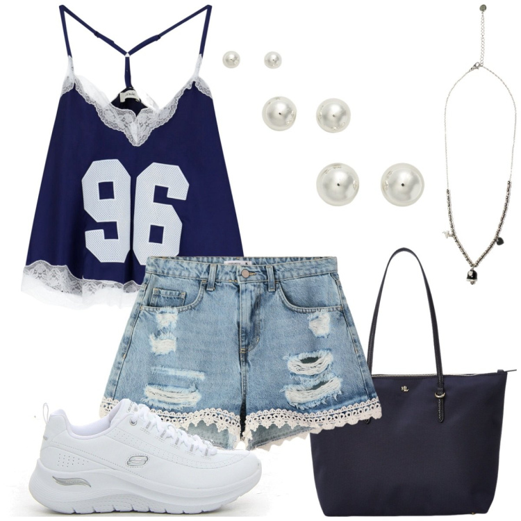 Outfit donna - Summer stile. Stile Sporty chic per Tutti i giorni. Abbinamento con shorts, ciondoli, top, borse tote, orecchini, sneakers.