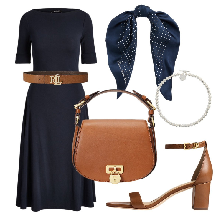 Outfit donna - Chic con l’abito blu firmato. Stile Bon Ton per Ufficio. Abbinamento con vestiti, cinture, collane, borse a tracolla, sandali in pelle, foulard.