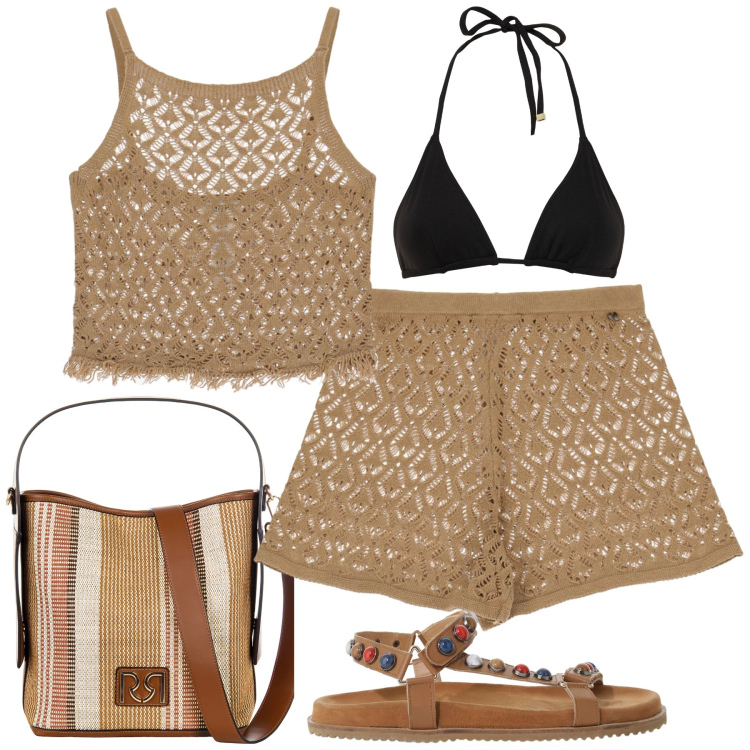 Outfit donna - Al mare. Stile Trendy per Mare. Abbinamento con shorts, top, sandali, borse a secchiello, bikini.