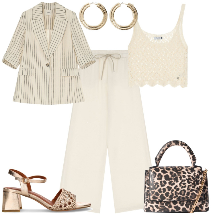 Outfit donna - Total look #2211364. Stile Bon Ton per Mare. Abbinamento con borse a tracolla, top, pantaloni a palazzo, orecchini, blazer, sandali col tacco.
