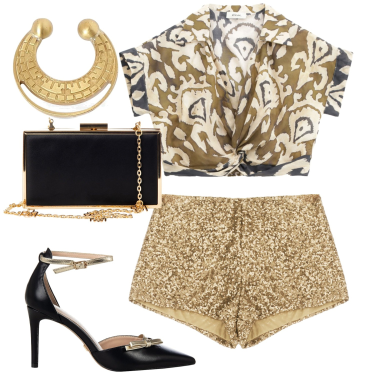 Outfit donna - Hot pants. Stile Glamour per Serata fuori. Abbinamento con décolleté, pochette, shorts, top, orecchini.
