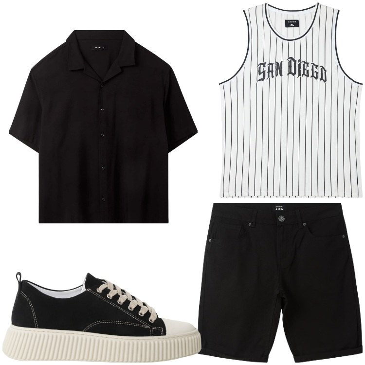 Outfit uomo - Nero a righe. Stile Casual per Tutti i giorni. Abbinamento con canottiere, camicie a manica corta, bermuda, sneakers.