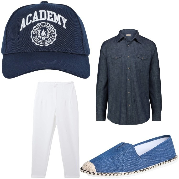 Outfit uomo - Due colori. Stile Casual per Tutti i giorni. Abbinamento con espadrillas, cappelli con visiera, pantaloni chino, camicie.