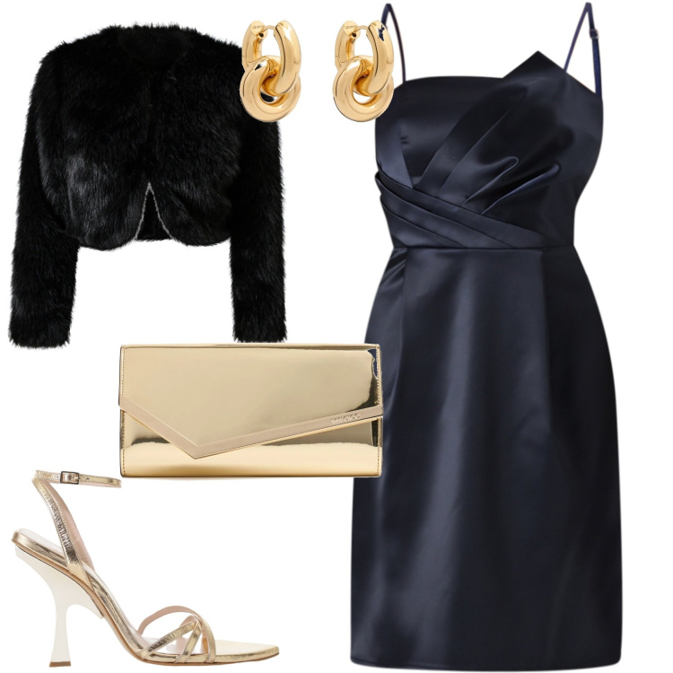 Outfit donna - Serata. Stile Chic per Serata fuori. Abbinamento con vestiti corti, blazer, sandali col tacco, pochette, orecchini.