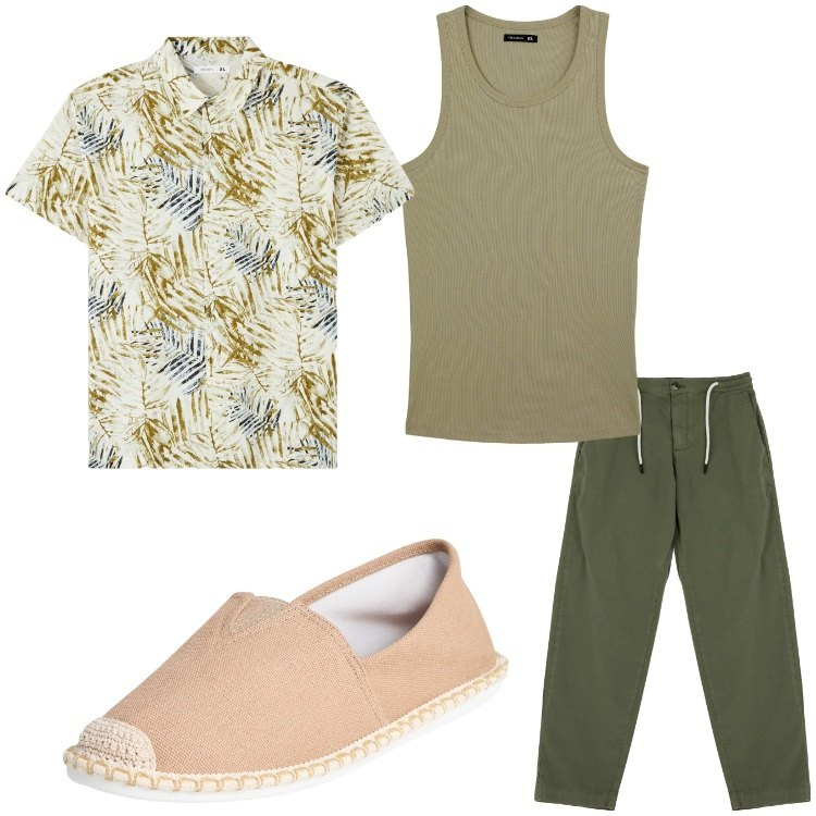 Outfit uomo - Fantasioso. Stile Casual per Tutti i giorni. Abbinamento con camicie a manica corta, espadrillas, canottiere, pantaloni chino.
