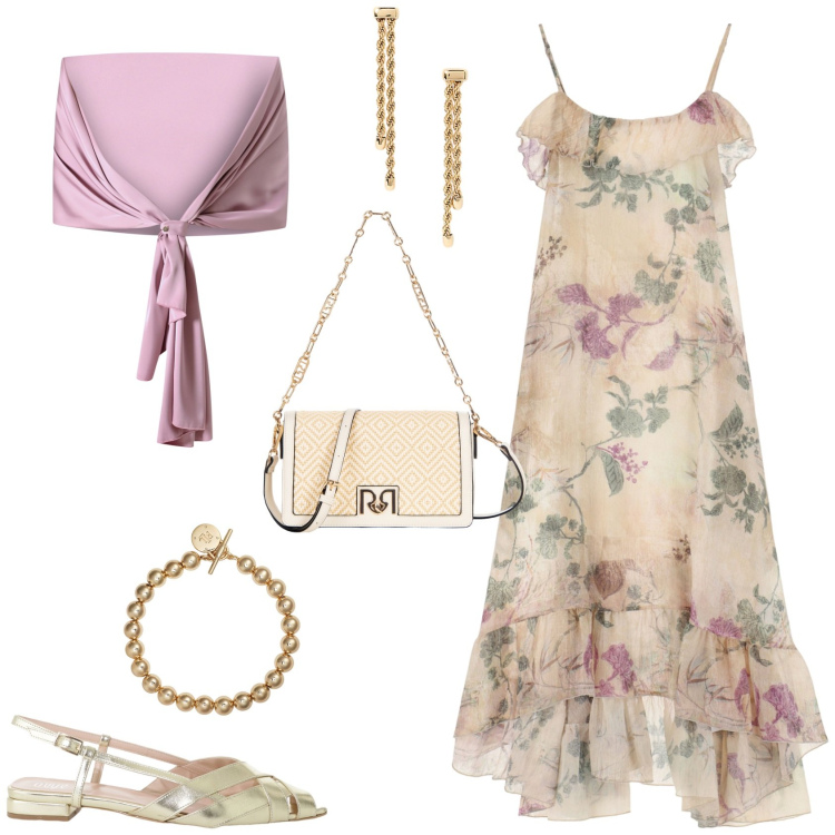 Outfit donna - Total look #2211374. Stile Romantica per Serata fuori. Abbinamento con scialli, borse a tracolla, sandali, vestiti lunghi, braccialetti, orecchini.