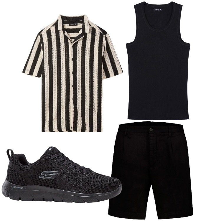 Outfit uomo - A righe. Stile Casual per Tutti i giorni. Abbinamento con sneakers, camicie a manica corta, canottiere, bermuda.