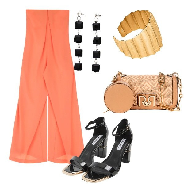 Outfit donna - Compleanno in villa. Stile Glamour per Serata fuori. Abbinamento con sabot, borse a tracolla, tute, orecchini, braccialetti.