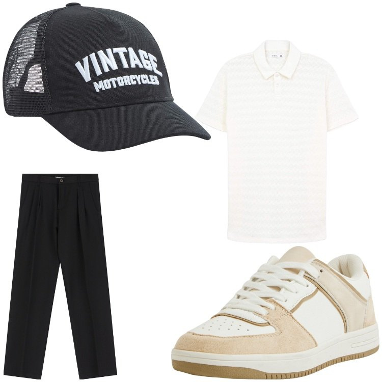 Outfit uomo - Vintage. Stile Casual per Tutti i giorni. Abbinamento con polo, cappelli, sneakers, pantaloni.