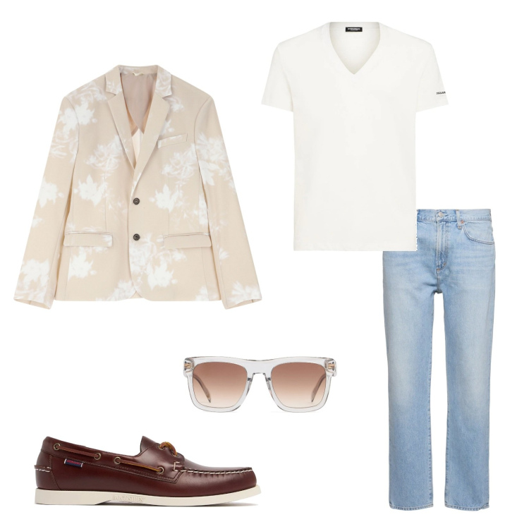 Outfit uomo - Cena in riva al mare. Stile Casual per Serata speciale. Abbinamento con giacche, t-shirt, occhiali da sole, scarpe stringate, jeans.