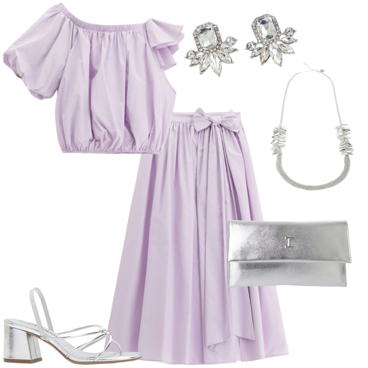 Outfit donna - Total look #2211389. Stile Romantica per Serata fuori. Abbinamento con sandali col tacco, gonne lunghe, top, pochette, orecchini, collane.