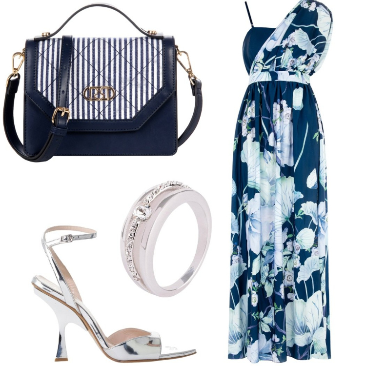 Outfit donna - Saldi di fine luglio. Stile Chic per Cerimonia. Abbinamento con anelli, vestiti asimmetrici, borse a mano, décolleté.