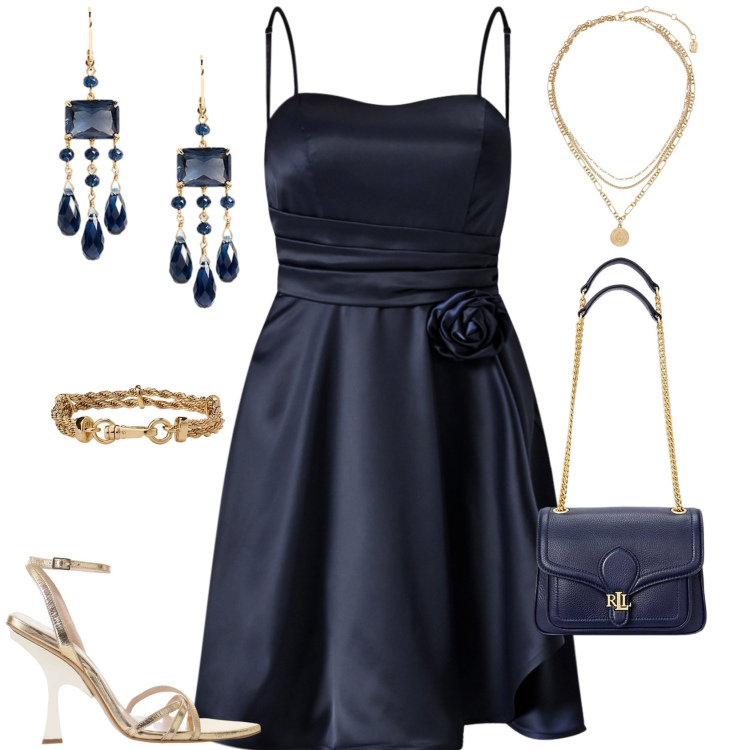 Outfit donna - Total look #2211404. Stile Chic per Serata fuori. Abbinamento con vestiti corti, sandali col tacco, ciondoli, borse a spalla, braccialetti, orecchini.