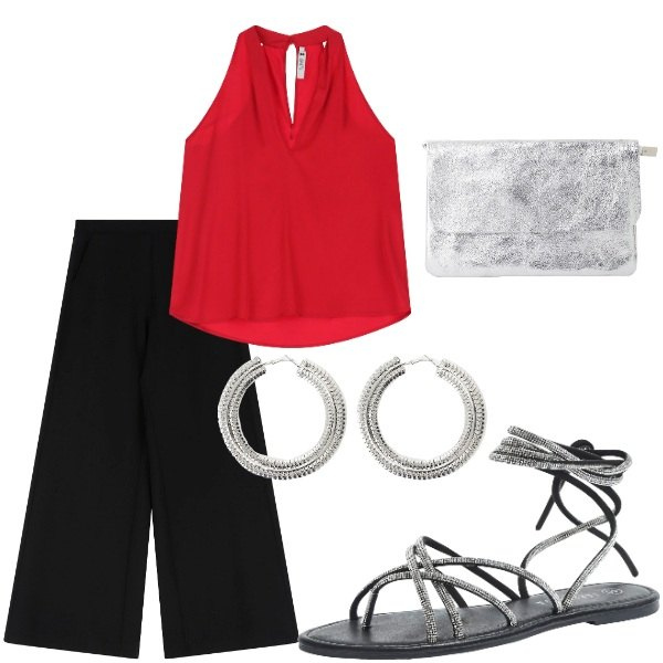 Outfit donna - A cena fuori. Stile Casual chic per Serata fuori. Abbinamento con sandali alla schiava, top, pantaloni, orecchini, borse a tracolla.