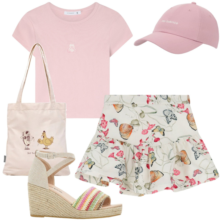 Outfit donna - Luglio. Stile Casual per Tutti i giorni. Abbinamento con sandali, t-shirt, shopping bag, cappelli con visiera, minigonne.