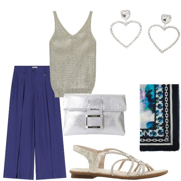 Outfit donna - A cena fuori. Stile Casual chic per Serata fuori. Abbinamento con sandali, pochette, foulard, pantaloni a palazzo, orecchini, canottiere.