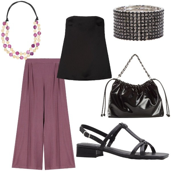 Outfit donna - Invito a cena. Stile Casual chic per Serata fuori. Abbinamento con shopping bag, sandali col tacco, pantaloni, braccialetti, top, collane.