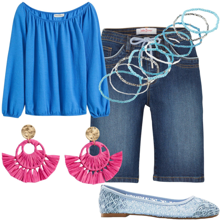 Outfit donna - Bijoux d antan. Stile Vintage retrò per Tutti i giorni. Abbinamento con bermuda, ballerine, orecchini, braccialetti, bluse.