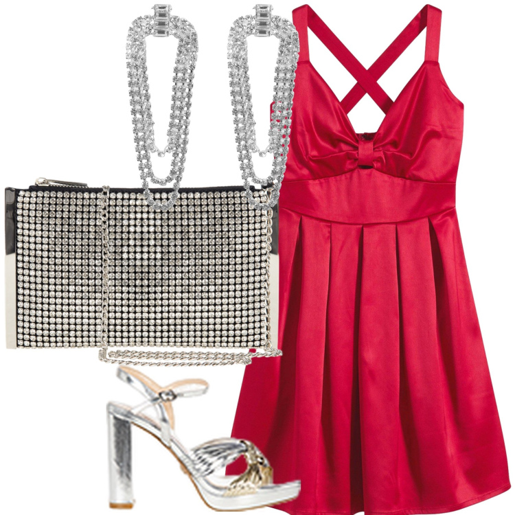 Outfit donna - Nuova Marylin. Stile Glamour per Serata fuori. Abbinamento con vestiti corti, orecchini, pochette, sandali in pelle.