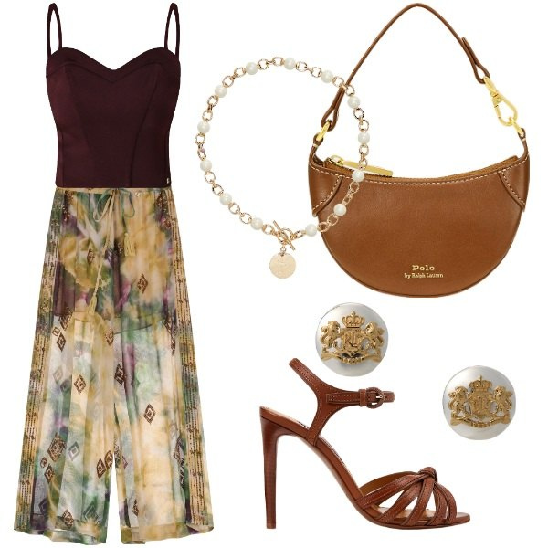 Outfit donna - Summer Vibes in City Chic. Stile Casual chic per Serata fuori. Abbinamento con top, pantaloni a palazzo, collane, orecchini, sandali col tacco, borse a tracolla.