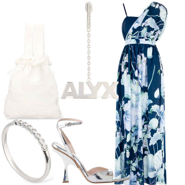 Outfit donna - L abito da occasione speciale. Stile Chic per Serata fuori. Abbinamento con vestiti asimmetrici, décolleté, orecchini, borse a mano, anelli.