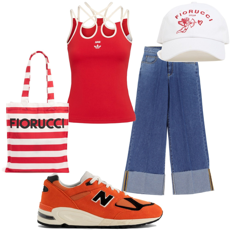 Outfit donna - Sportiva e sbarazzina. Stile Casual chic per Tutti i giorni. Abbinamento con sneakers, jeans, canottiere, cappelli con visiera, shopping bag.