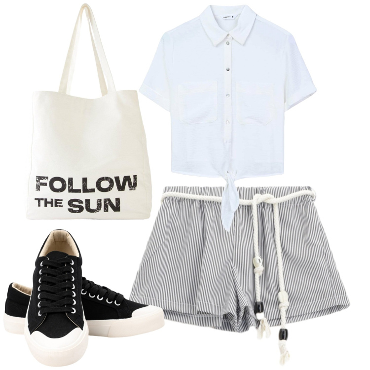 Outfit donna - Total look #2211442. Stile Casual chic per Tutti i giorni. Abbinamento con shopping bag, camicie a manica corta, pantaloni corti, sneakers.