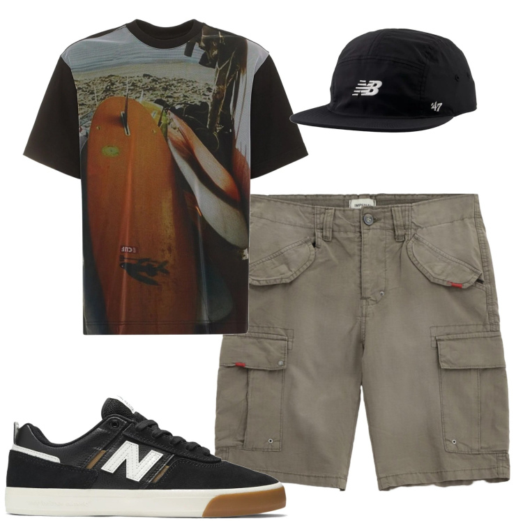 Outfit uomo - Total look #2211447. Stile Casual per Tutti i giorni. Abbinamento con sneakers, cappelli con visiera, bermuda, t-shirt.