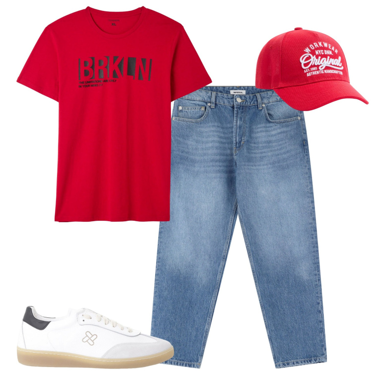 Outfit uomo - Total look #2211449. Stile Casual per Tutti i giorni. Abbinamento con cappelli, t-shirt, jeans, sneakers.