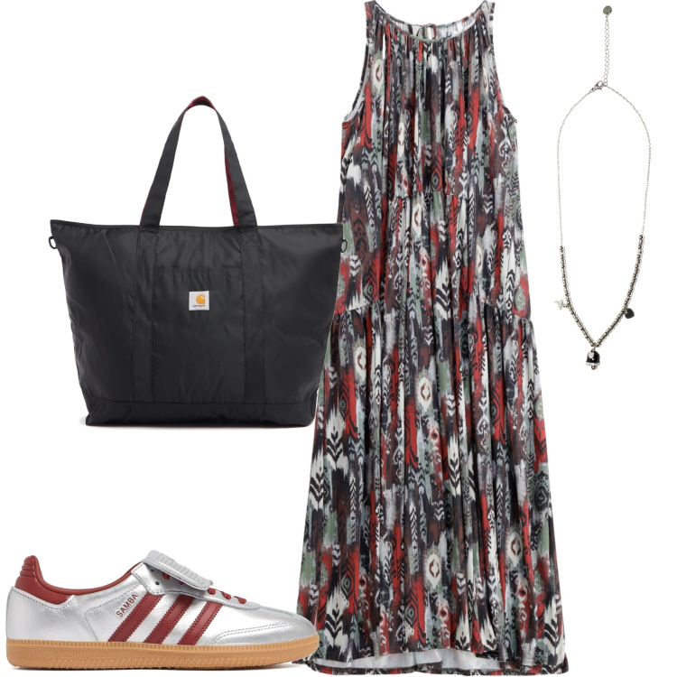 Outfit donna - Luglio. Stile Urban per Tutti i giorni. Abbinamento con vestiti lunghi, ciondoli, shopping bag, sneakers.