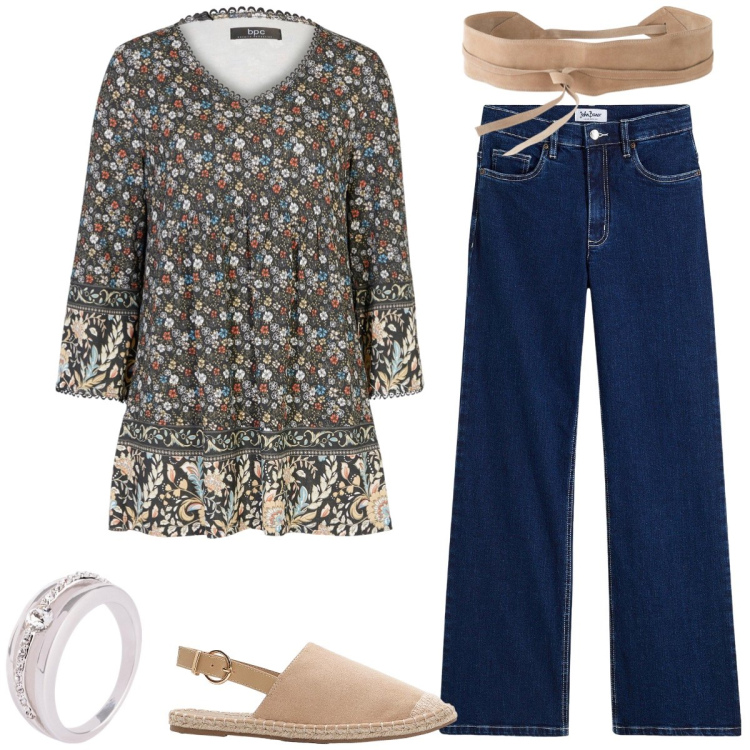 Outfit donna - Total look #2211459. Stile Boho per Tutti i giorni. Abbinamento con anelli, cinture, espadrillas, tuniche, jeans.