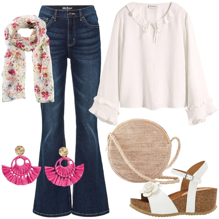 Outfit donna - Denim vintage. Stile 70s per Tutti i giorni. Abbinamento con bluse, foulard, sandali, orecchini, jeans a zampa, borse a tracolla.
