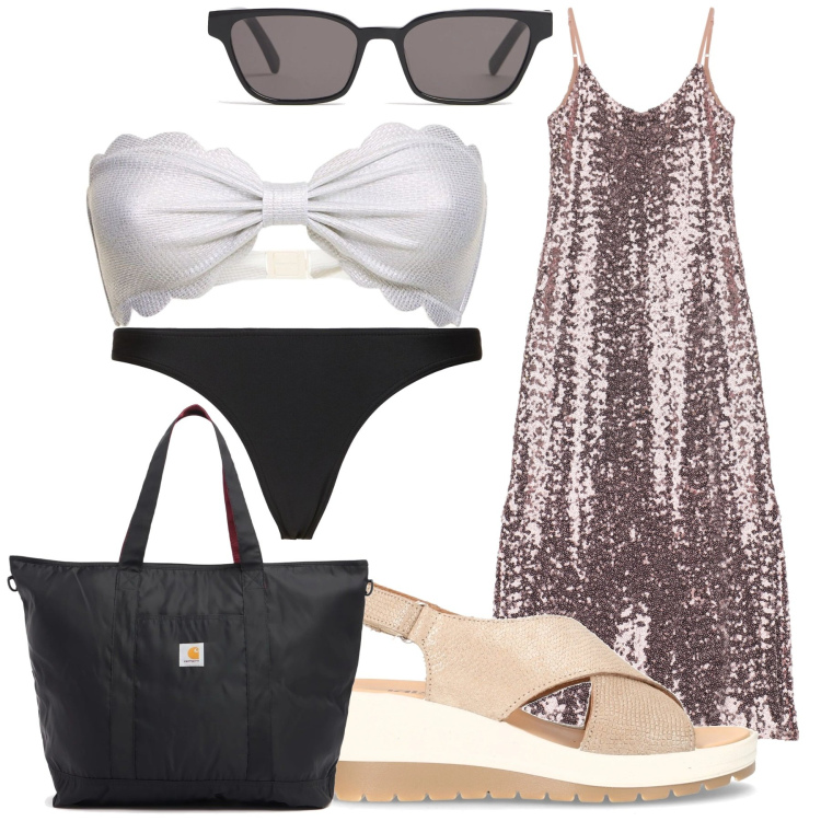 Outfit donna - Al mare con eleganza. Stile Casual chic per Mare. Abbinamento con vestiti, bikini, sandali col tacco, occhiali da sole, shopping bag, bikini.