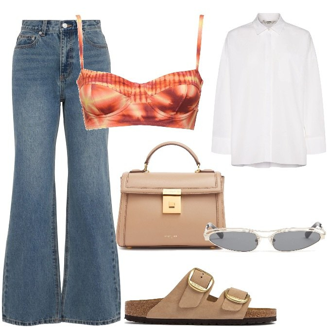 Outfit donna - Total look #2211467. Stile Trendy per Tutti i giorni. Abbinamento con sandali in pelle, camicie, bikini, borse a mano, occhiali da sole, jeans.