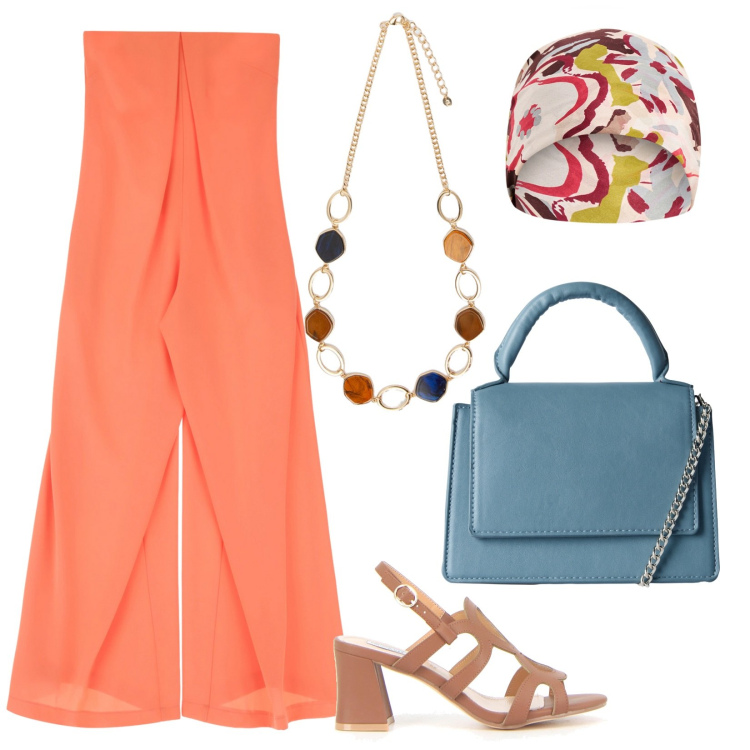 Outfit donna - Tuta chic e foulard nei capelli. Stile Chic per Tutti i giorni. Abbinamento con borse a tracolla, sciarpe, tute, collane, sandali col tacco.