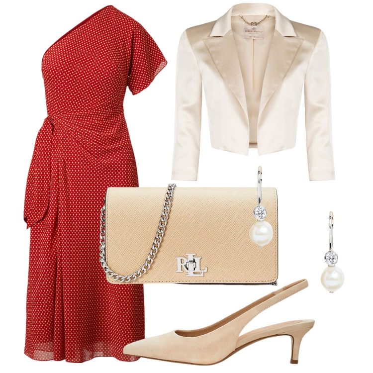 Outfit donna - Estate con l’abito monospalla. Stile Bon Ton per Cerimonia. Abbinamento con bolero, décolleté, borse a tracolla, vestiti asimmetrici, orecchini.