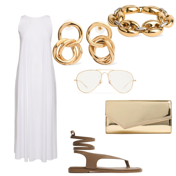 Outfit donna - Total look #2211476. Stile Bon Ton per Serata fuori. Abbinamento con vestiti midi/longuette, pochette, braccialetti, orecchini, occhiali da sole, sandali in pelle.