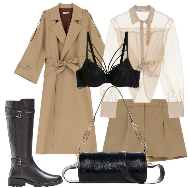 Outfit donna - Trench con la prima pioggia. Stile Trendy per Tutti i giorni. Abbinamento con stivali, slip, borse a mano, shorts, trench, camicie.