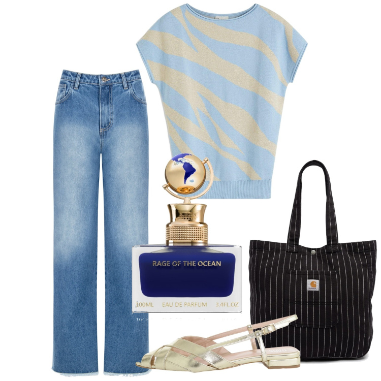 Outfit donna - Eubea. Stile Bon Ton per Tutti i giorni. Abbinamento con maglieria, profumi, sandali, jeans dritti, borse tote.