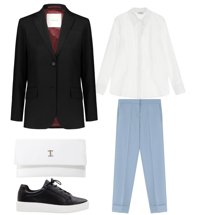 Outfit donna - E. Stile Casual per Ufficio. Abbinamento con sneakers, pantaloni, borse a tracolla, camicie, blazer.