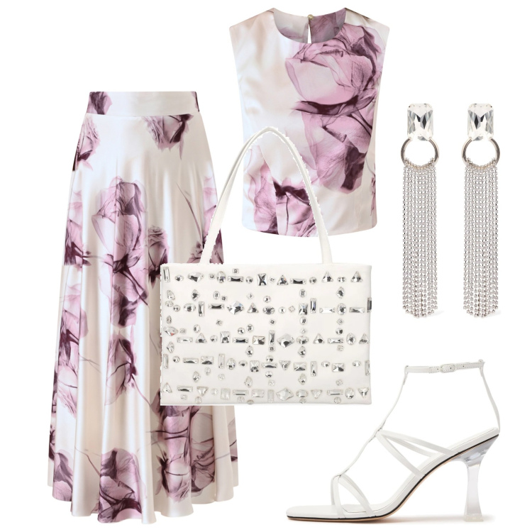 Outfit donna - Ricevimenti estivi. Stile Romantica per Cerimonia. Abbinamento con top, gonne lunghe, orecchini, borse a spalla, sandali in pelle.